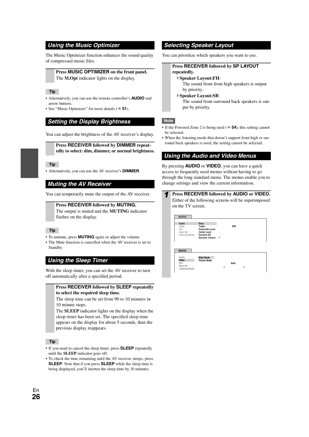 Onkyo HT-S7300 Using the Music Optimizer, Setting the Display Brightness, Muting the AV Receiver, Using the Sleep Timer 