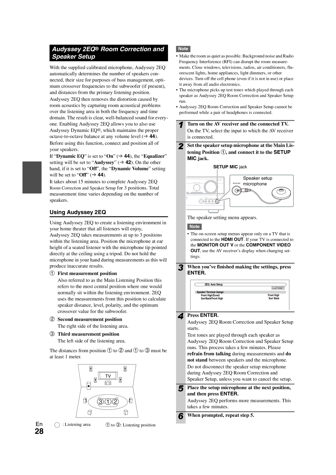 Onkyo HT-S7300 instruction manual Audyssey 2EQ Room Correction Speaker Setup, Using Audyssey 2EQ, Enter 