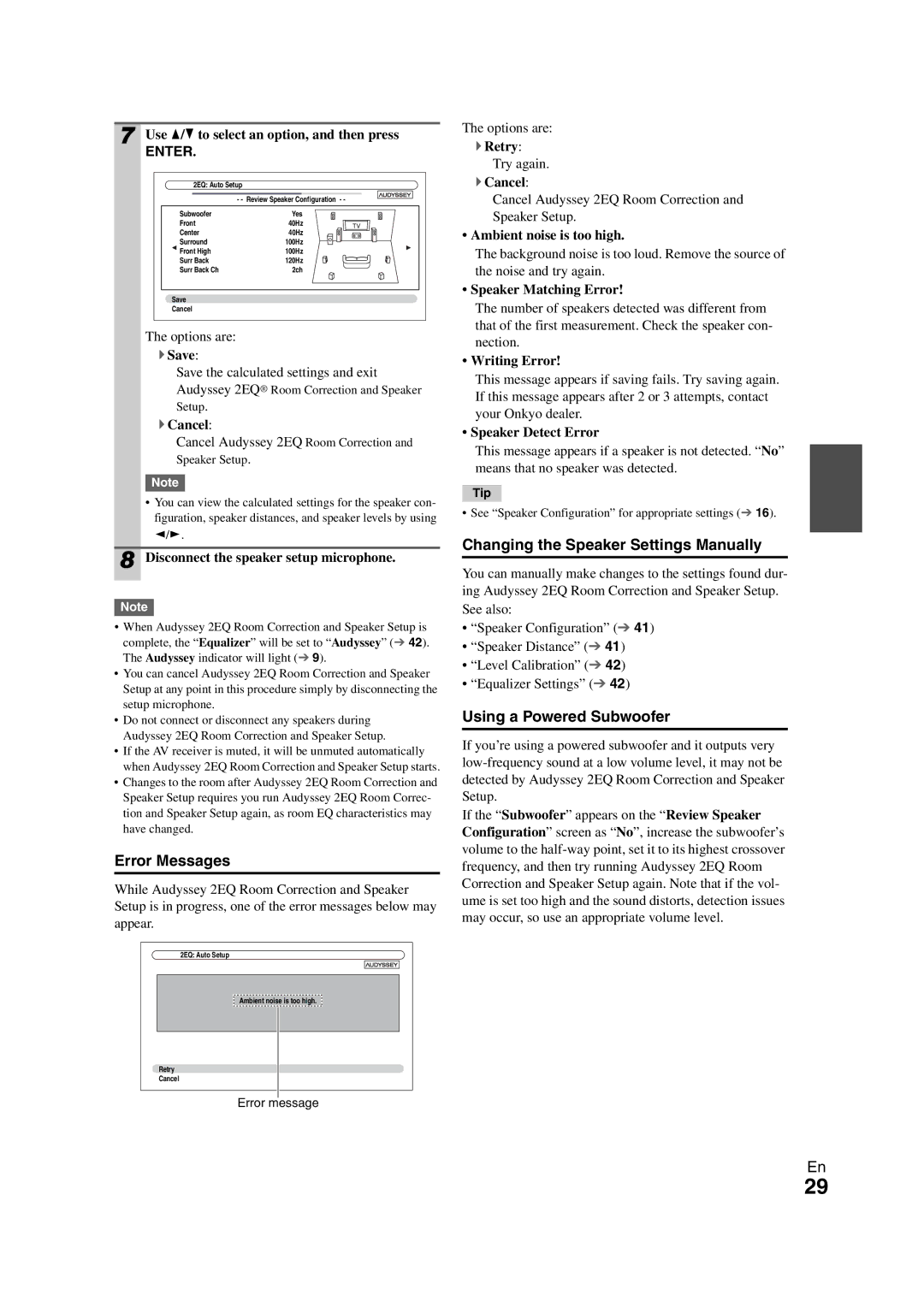 Onkyo HT-S7300 instruction manual Error Messages, Changing the Speaker Settings Manually, Using a Powered Subwoofer 