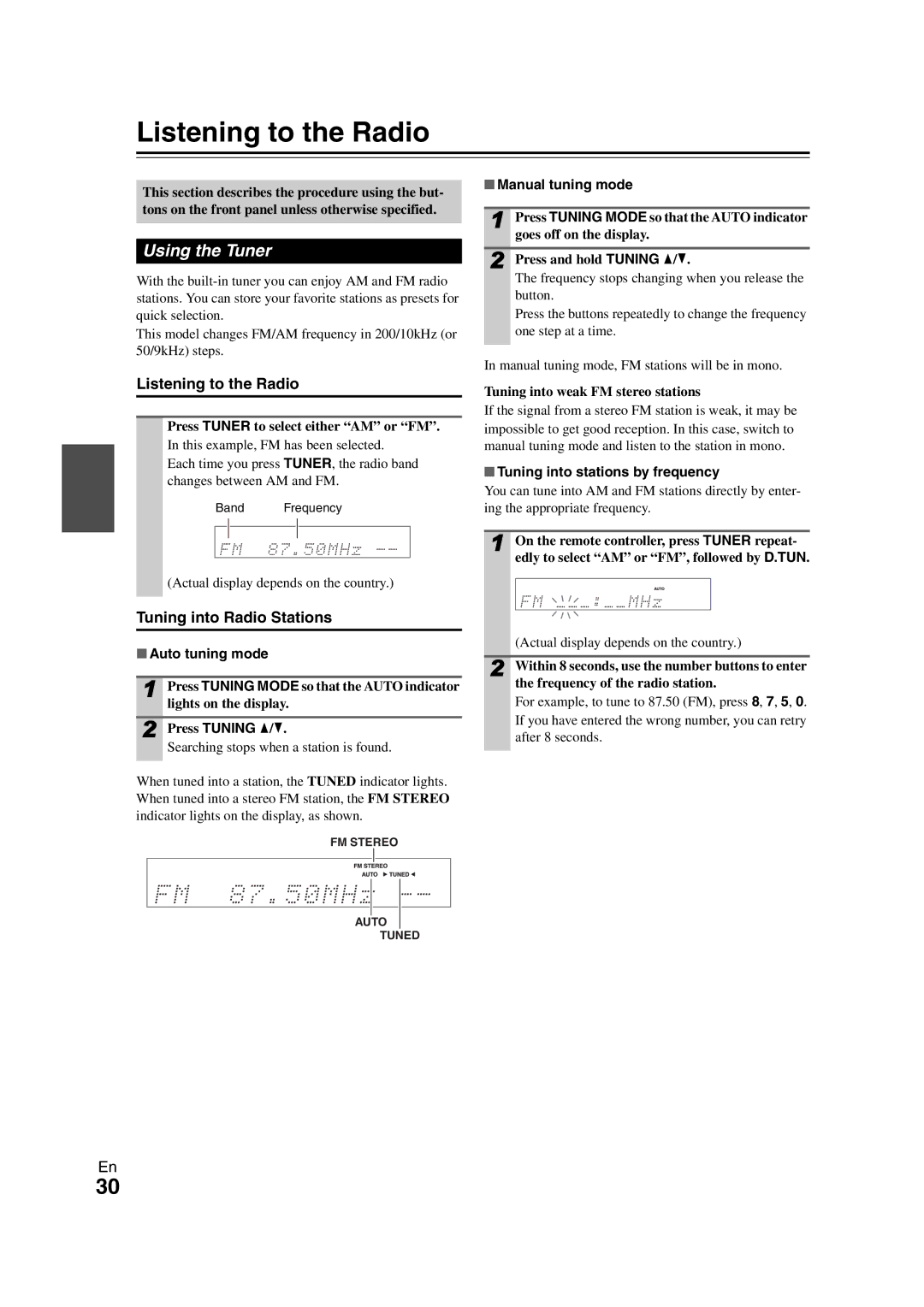 Onkyo HT-S7300 instruction manual Listening to the Radio, Using the Tuner, Tuning into Radio Stations 