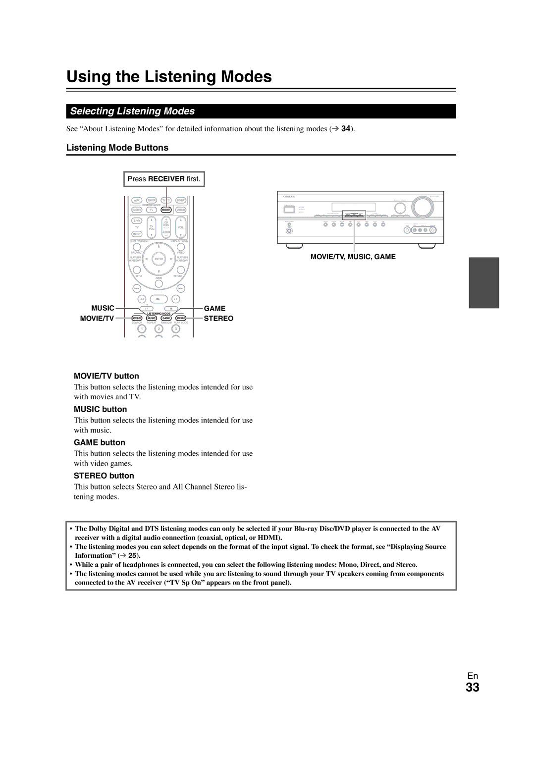 Onkyo HT-S7300 instruction manual Using the Listening Modes, Selecting Listening Modes, Listening Mode Buttons 