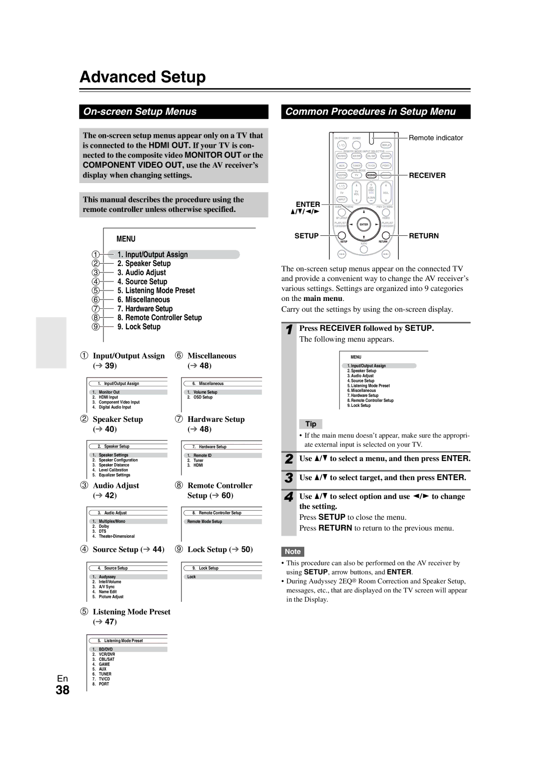 Onkyo HT-S7300 instruction manual Advanced Setup, On-screen Setup Menus, Common Procedures in Setup Menu 