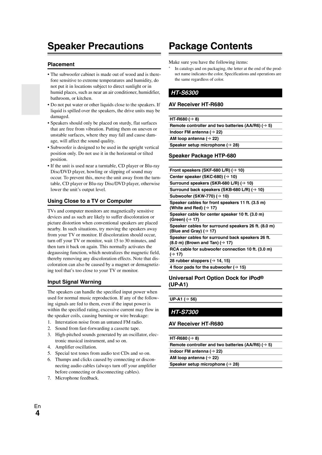 Onkyo HT-S7300 instruction manual Speaker Precautions, Package Contents 