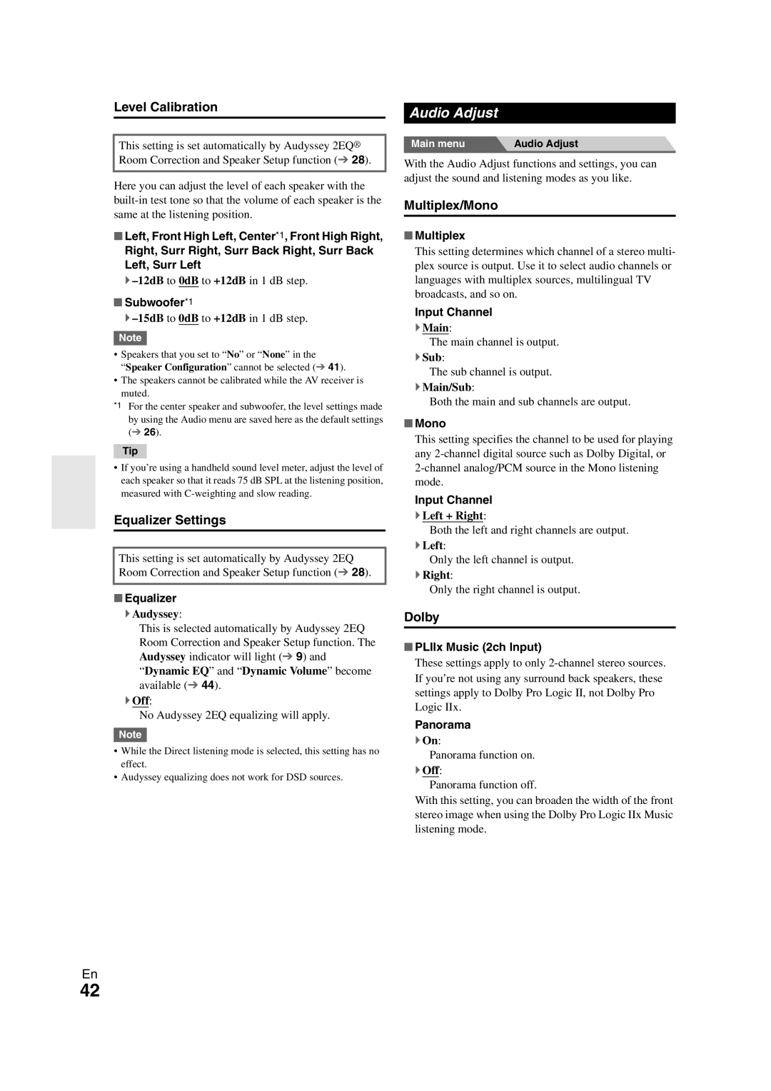 Onkyo HT-S7300 instruction manual Audio Adjust, Level Calibration, Equalizer Settings, Multiplex/Mono, Dolby 