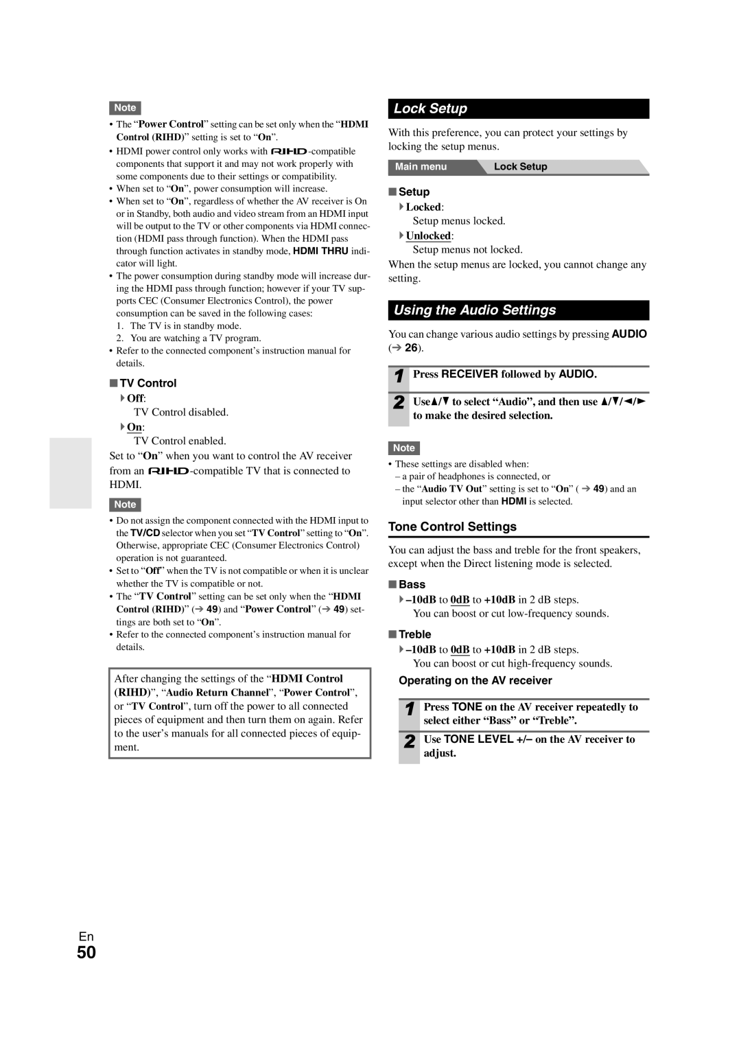 Onkyo HT-S7300 instruction manual Lock Setup, Using the Audio Settings, Tone Control Settings 