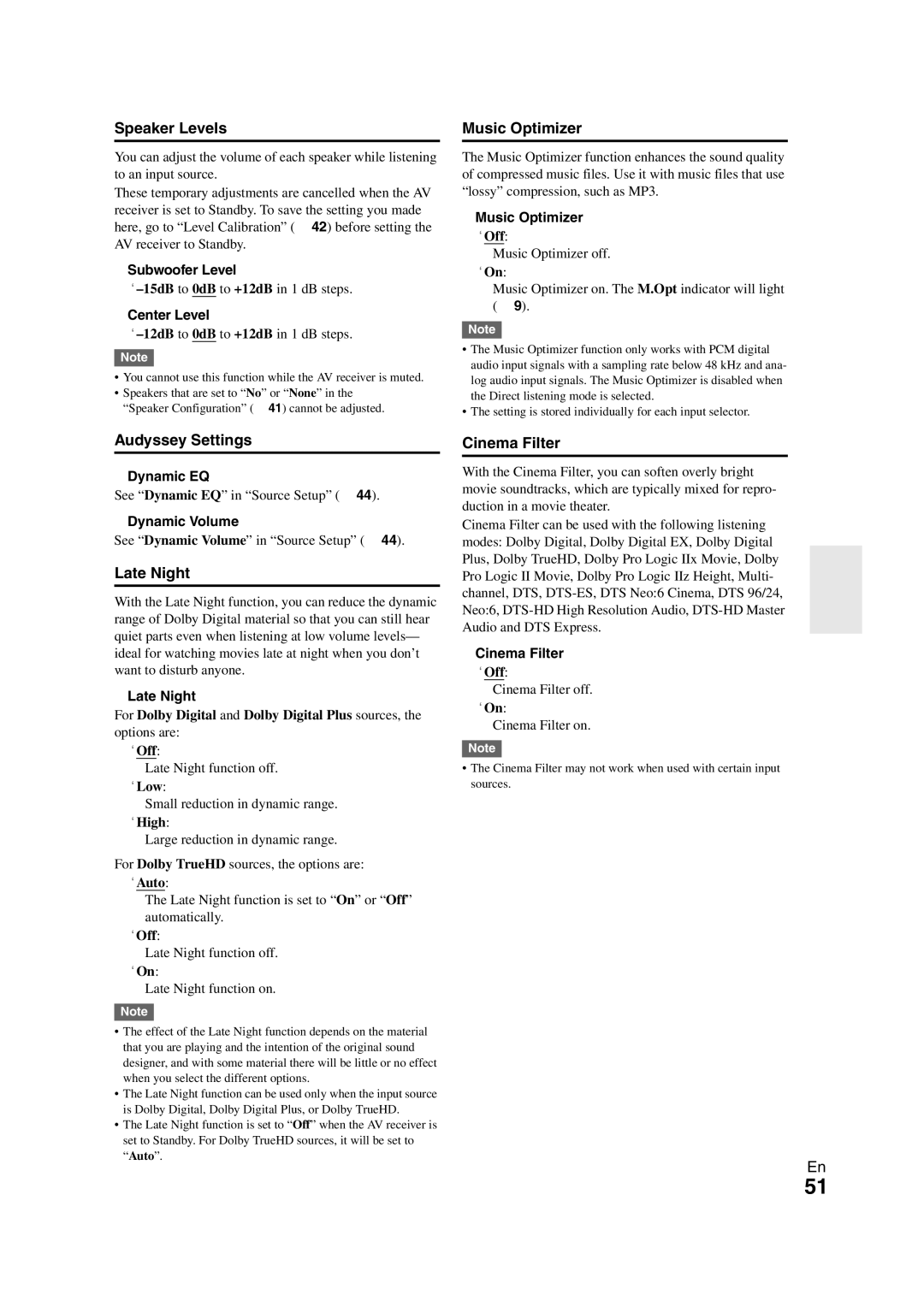 Onkyo HT-S7300 instruction manual Speaker Levels, Music Optimizer, Audyssey Settings, Late Night, Cinema Filter 