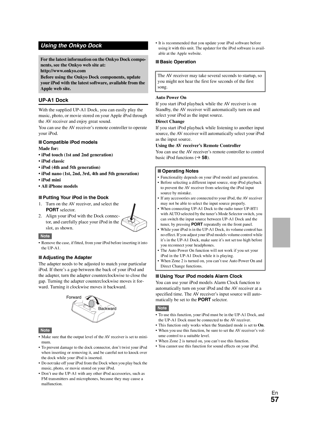 Onkyo HT-S7300 instruction manual Using the Onkyo Dock, UP-A1 Dock 