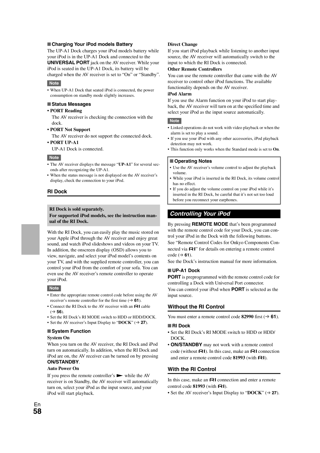 Onkyo HT-S7300 instruction manual Controlling Your iPod, RI Dock, Without the RI Control, With the RI Control, On/Standby 