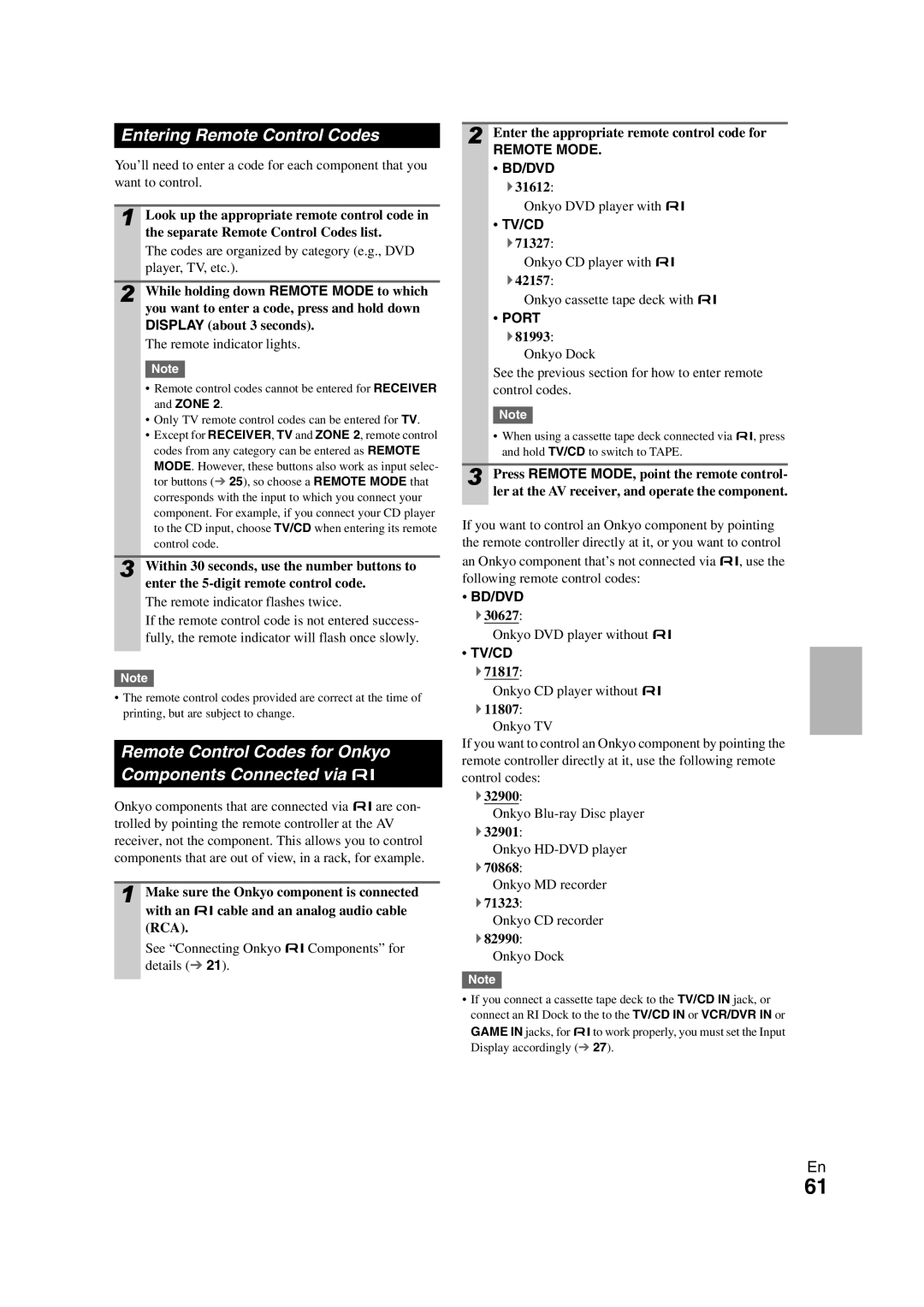 Onkyo HT-S7300 Entering Remote Control Codes, Remote Control Codes for Onkyo Components Connected via u, Tv/Cd, Port 