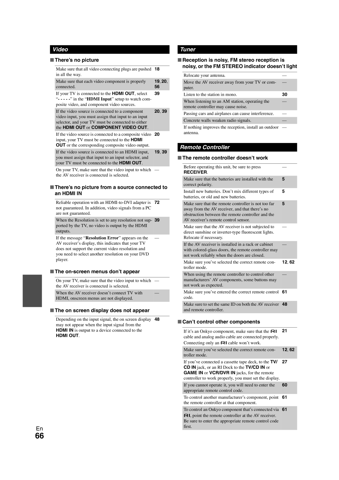 Onkyo HT-S7300 instruction manual There’s no picture from a source connected to an Hdmi, On-screen menus don’t appear 