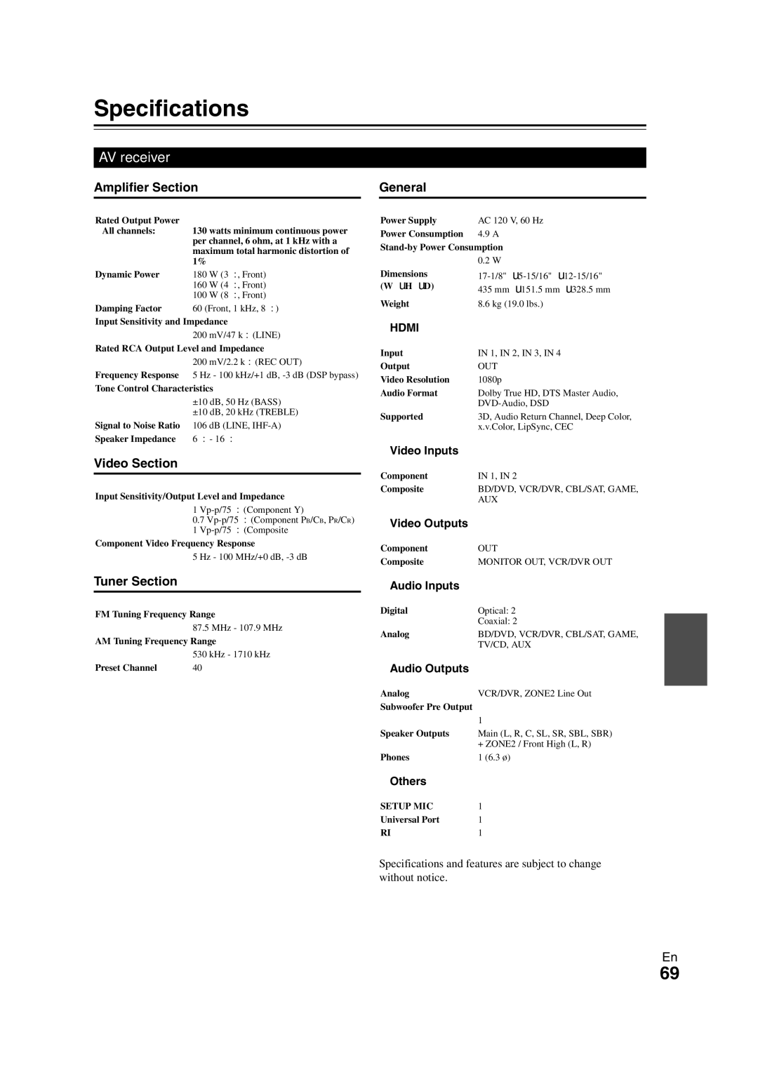 Onkyo HT-S7300 instruction manual Specifications, AV receiver 