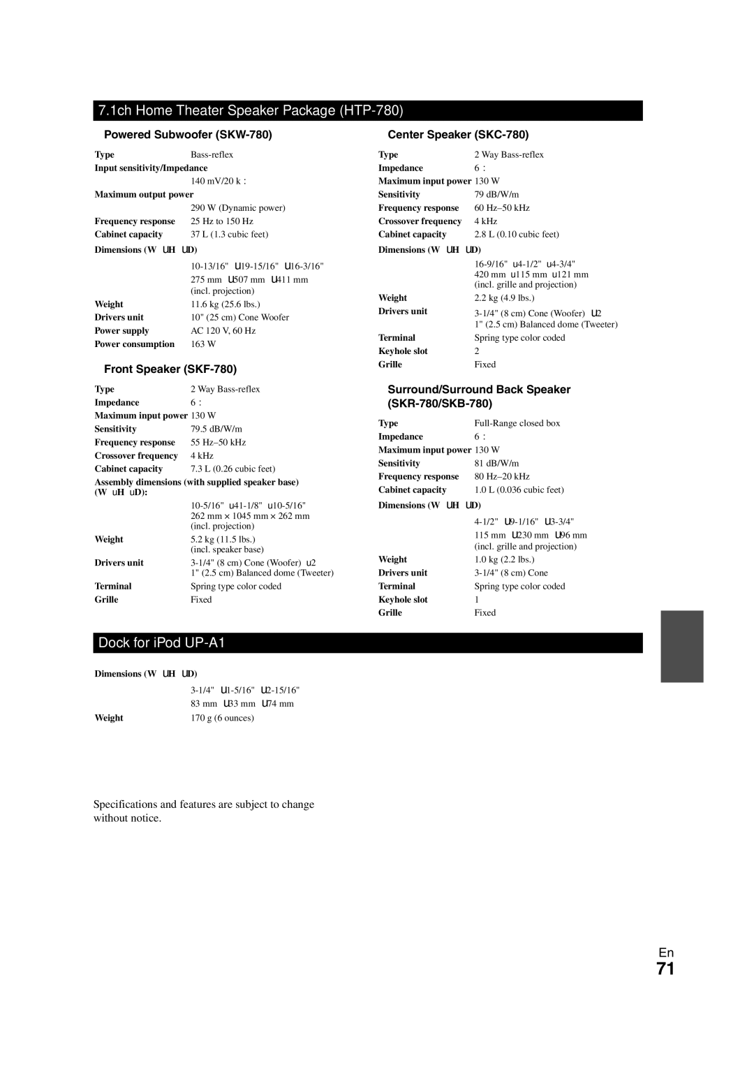 Onkyo HT-S7300 instruction manual 1ch Home Theater Speaker Package HTP-780, Dock for iPod UP-A1 