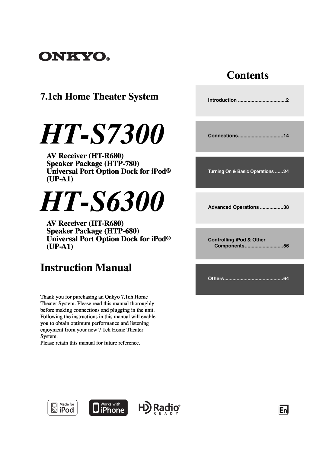 Onkyo HT-S7300 instruction manual HT-S6300, Contents, 7.1ch Home Theater System 