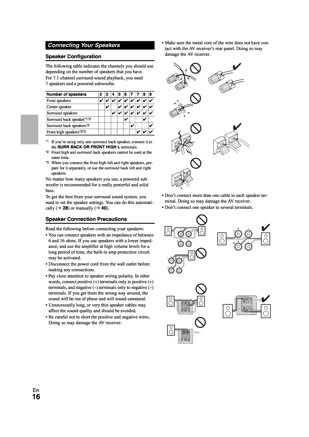 Onkyo HT-S7300 instruction manual Connecting Your Speakers, Speaker Configuration, Speaker Connection Precautions 