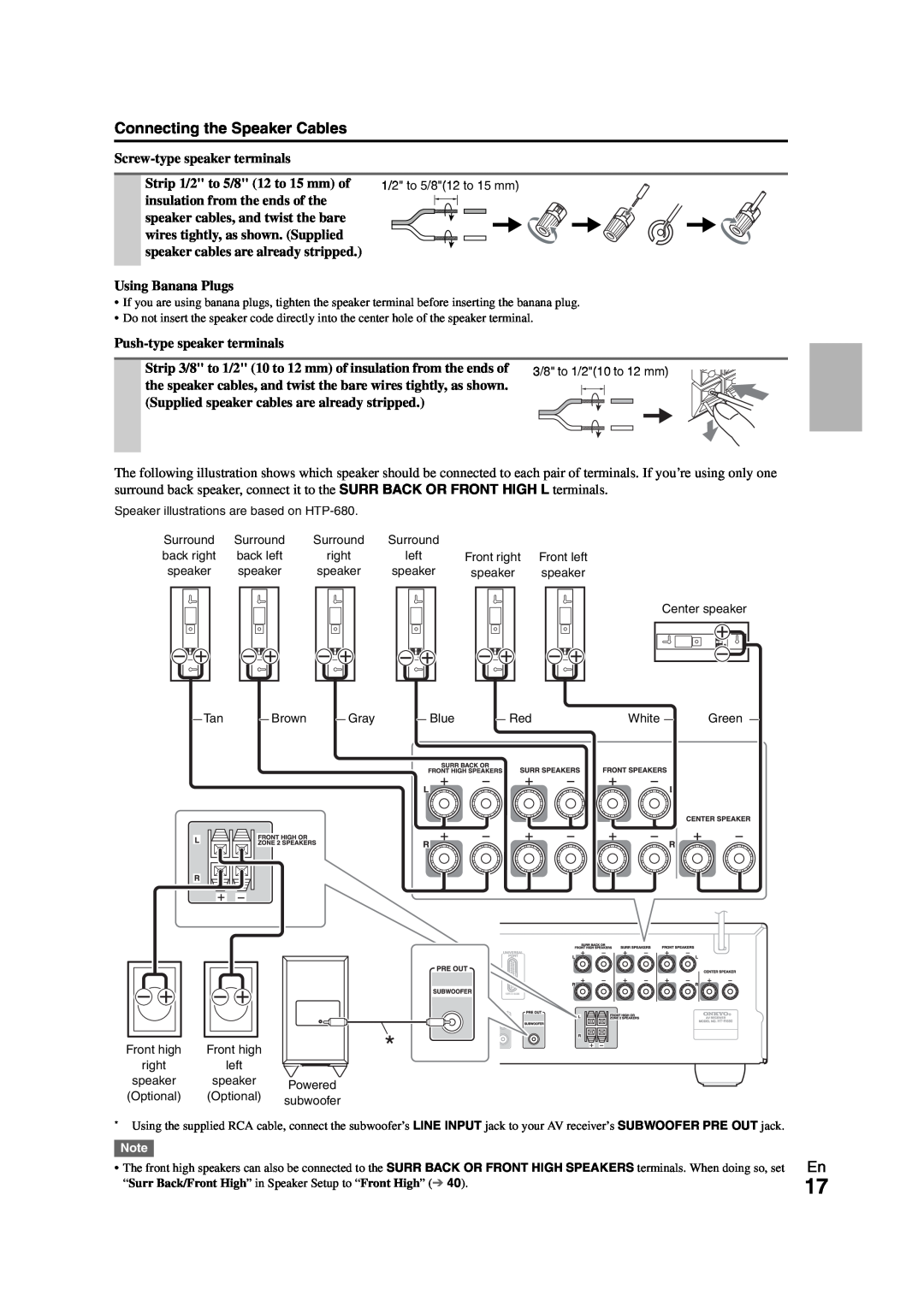 Onkyo HT-S7300 instruction manual Connecting the Speaker Cables 