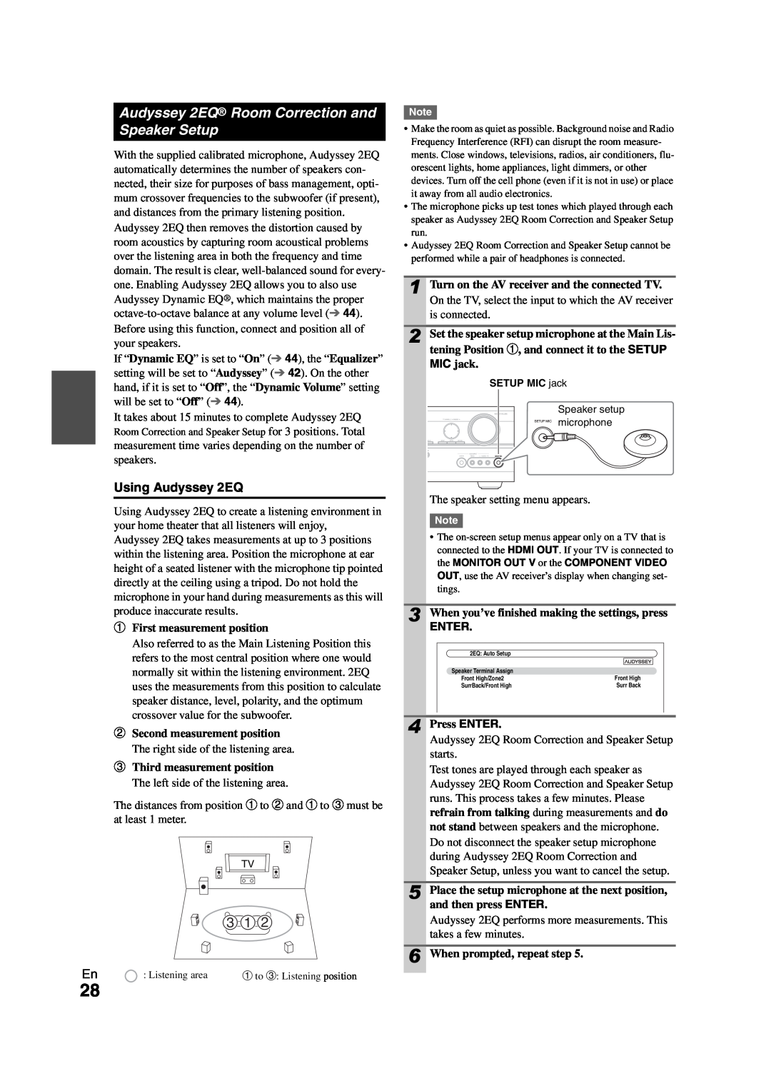 Onkyo HT-S7300 instruction manual Audyssey 2EQ Room Correction and, Speaker Setup, Using Audyssey 2EQ, Enter 