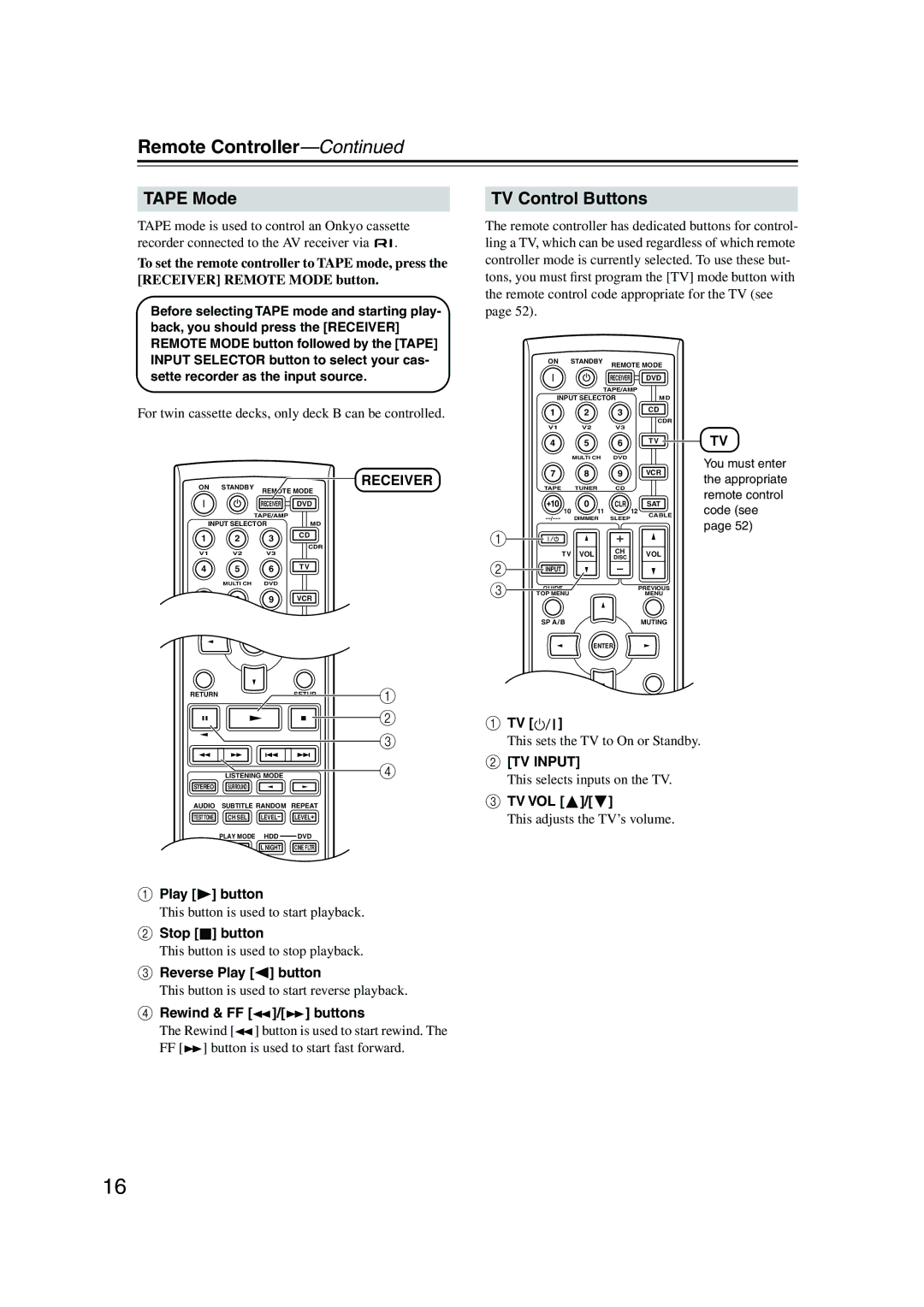 Onkyo HT-S780 instruction manual Tape Mode, TV Control Buttons 