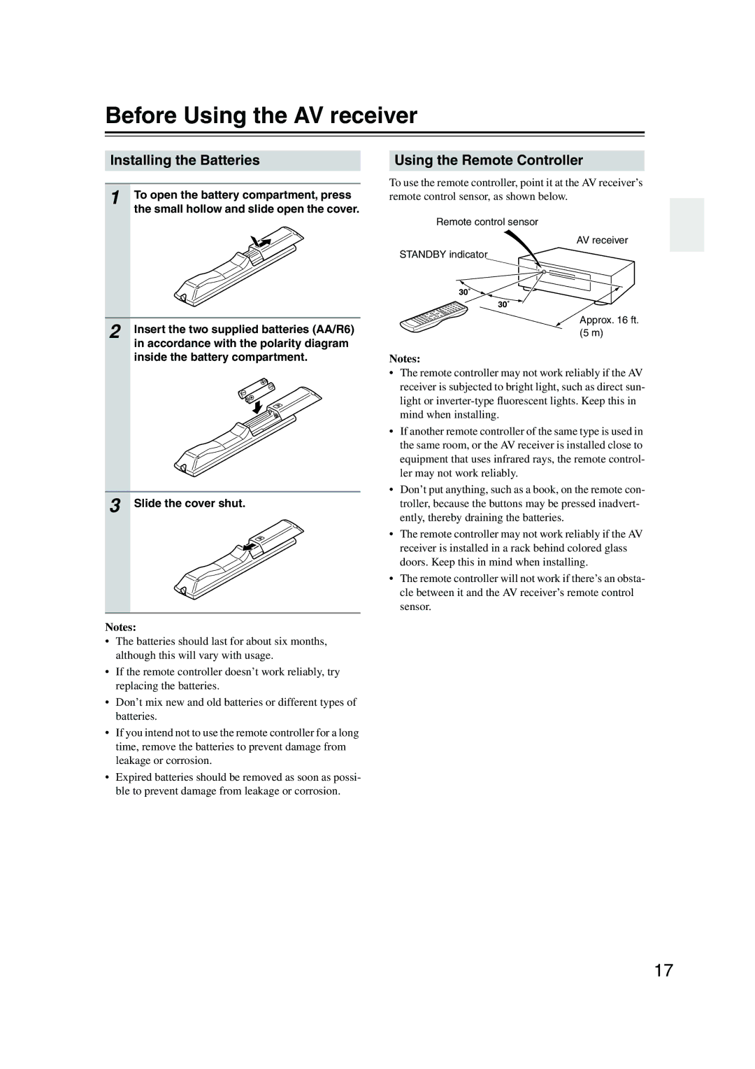 Onkyo HT-S780 instruction manual Before Using the AV receiver, Installing the Batteries, Using the Remote Controller 