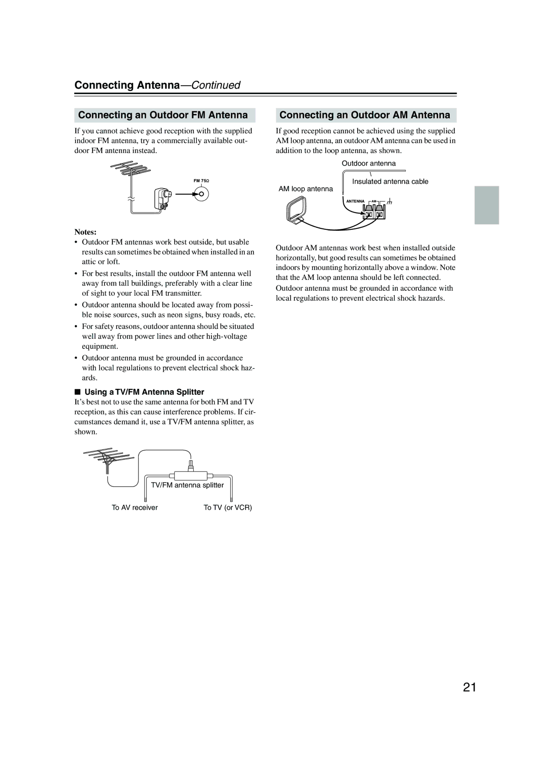 Onkyo HT-S780 instruction manual Connecting Antenna, Connecting an Outdoor FM Antenna, Connecting an Outdoor AM Antenna 