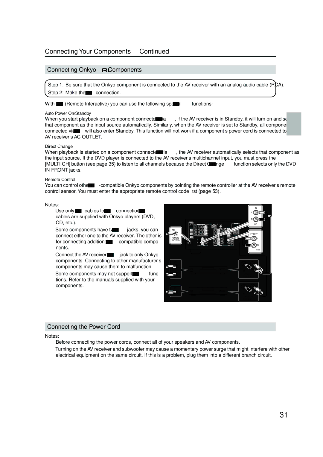 Onkyo HT-S780 Connecting Onkyo Components, Connecting the Power Cord, Auto Power On/Standby, Direct Change 