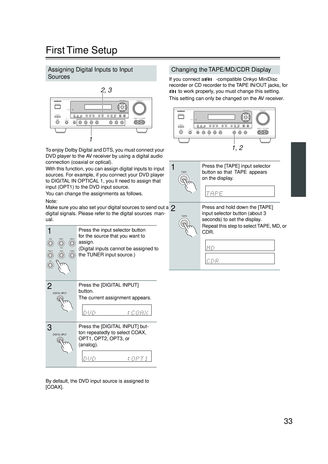 Onkyo HT-S780 First Time Setup, Assigning Digital Inputs to Input Sources, Changing the TAPE/MD/CDR Display 