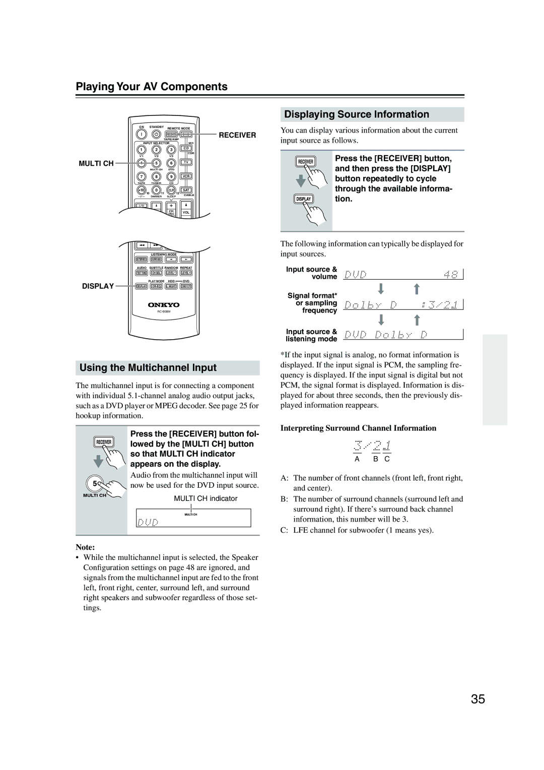 Onkyo HT-S780 instruction manual Playing Your AV Components, Using the Multichannel Input, Displaying Source Information 