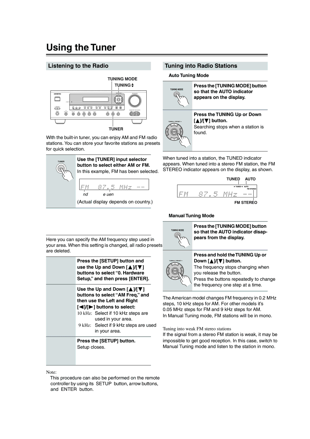 Onkyo HT-S780 instruction manual Using the Tuner, Listening to the Radio, Tuning into Radio Stations 