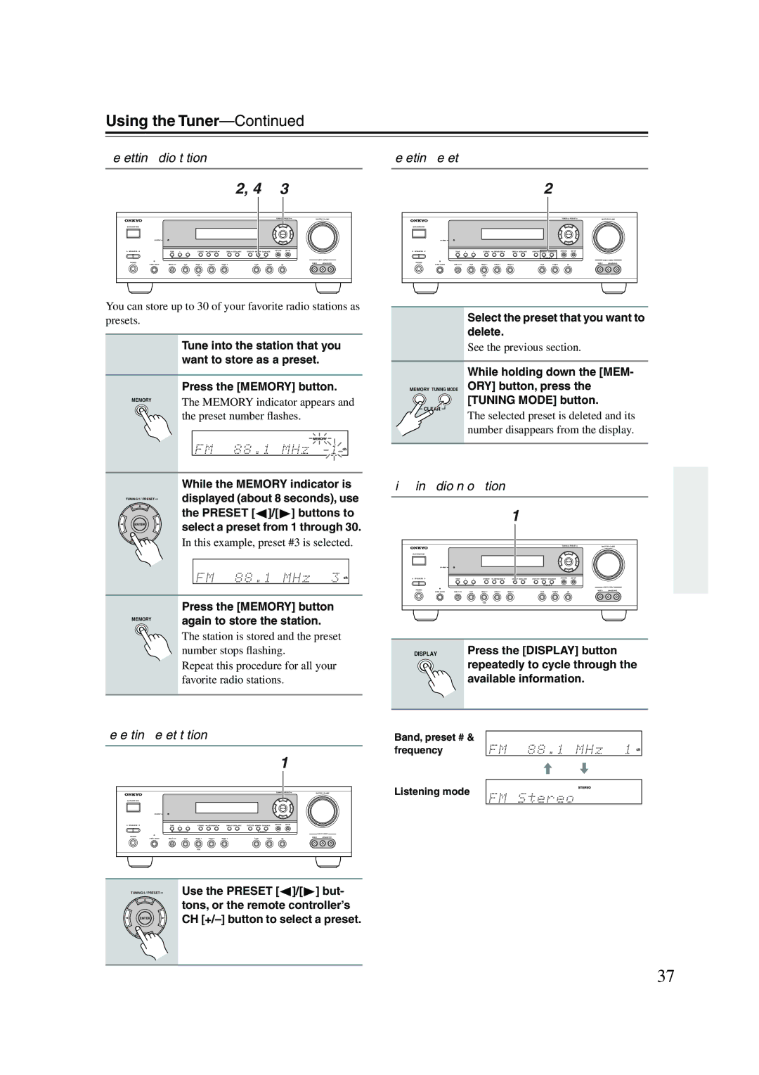 Onkyo HT-S780 instruction manual Using the Tuner, Presetting Radio Stations, Selecting Preset Stations, Deleting Presets 