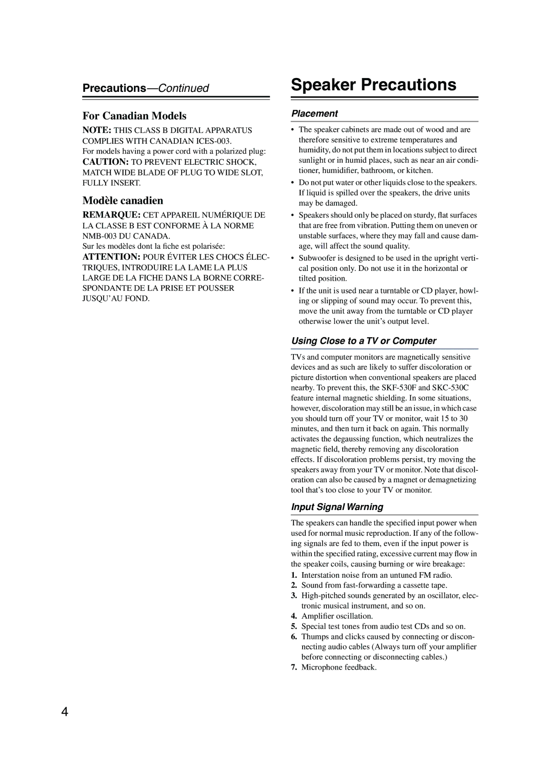 Onkyo HT-S780 instruction manual Speaker Precautions, Placement, Using Close to a TV or Computer, Input Signal Warning 