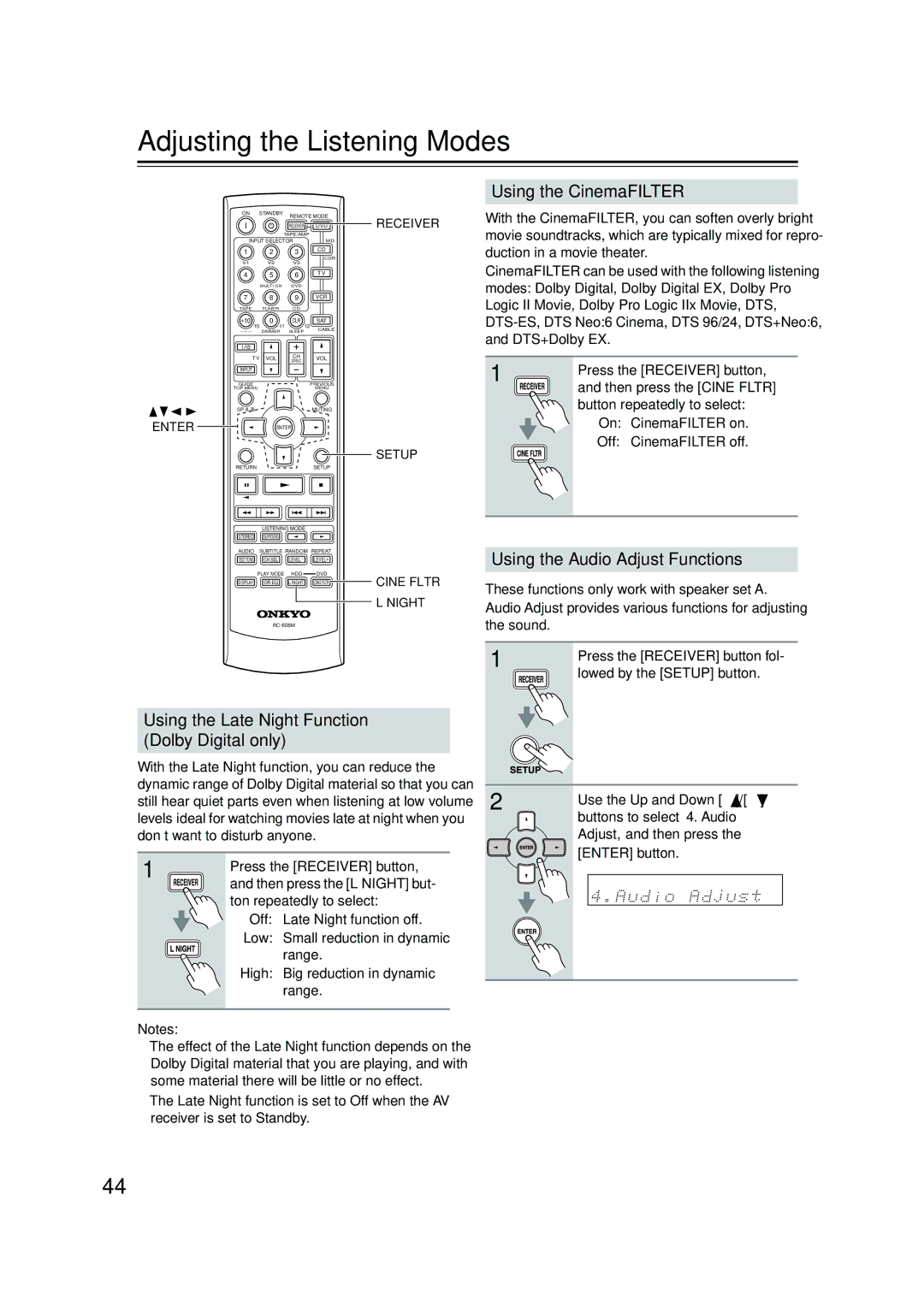 Onkyo HT-S780 Adjusting the Listening Modes, Using the Late Night Function Dolby Digital only, Using the CinemaFILTER 