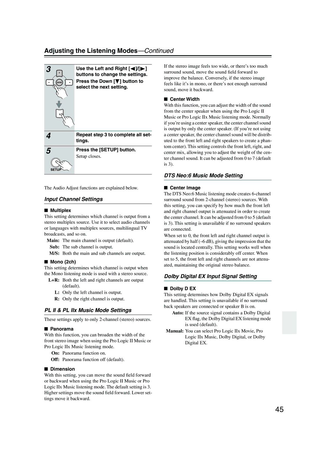 Onkyo HT-S780 instruction manual Adjusting the Listening Modes, Input Channel Settings, PL II & PL IIx Music Mode Settings 