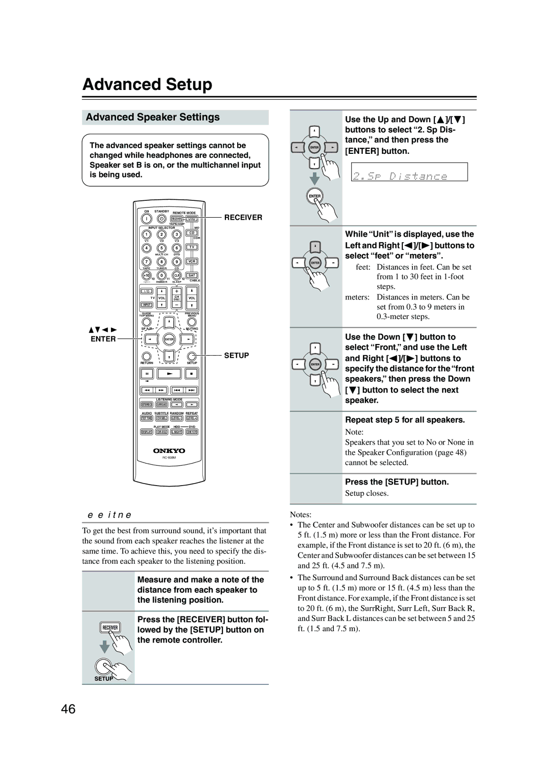 Onkyo HT-S780 instruction manual Advanced Setup, Advanced Speaker Settings, Speaker Distance, Use the Down Button to 