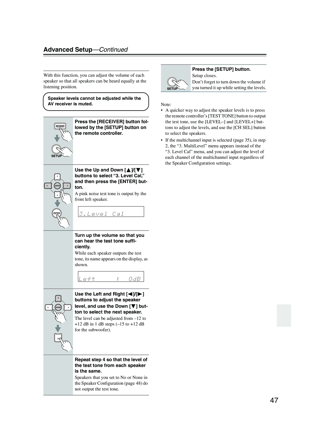 Onkyo HT-S780 instruction manual Advanced Setup, Speaker Levels 