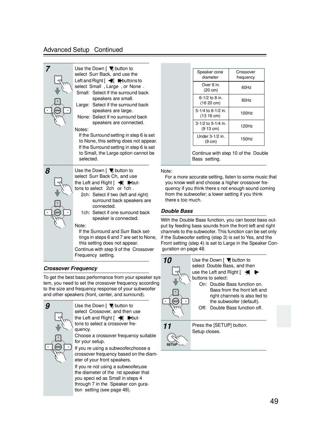 Onkyo HT-S780 instruction manual Crossover Frequency, Double Bass, Left and Right / but- tons to select 2ch or 1ch 