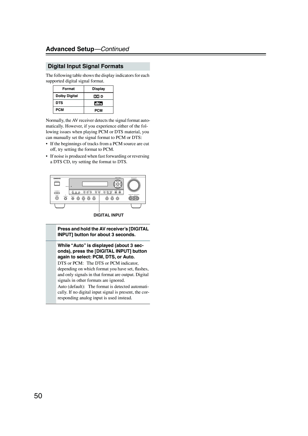 Onkyo HT-S780 instruction manual Digital Input Signal Formats 