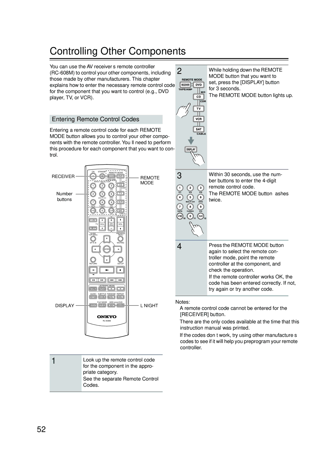 Onkyo HT-S780 instruction manual Controlling Other Components, Entering Remote Control Codes, Remote Mode 