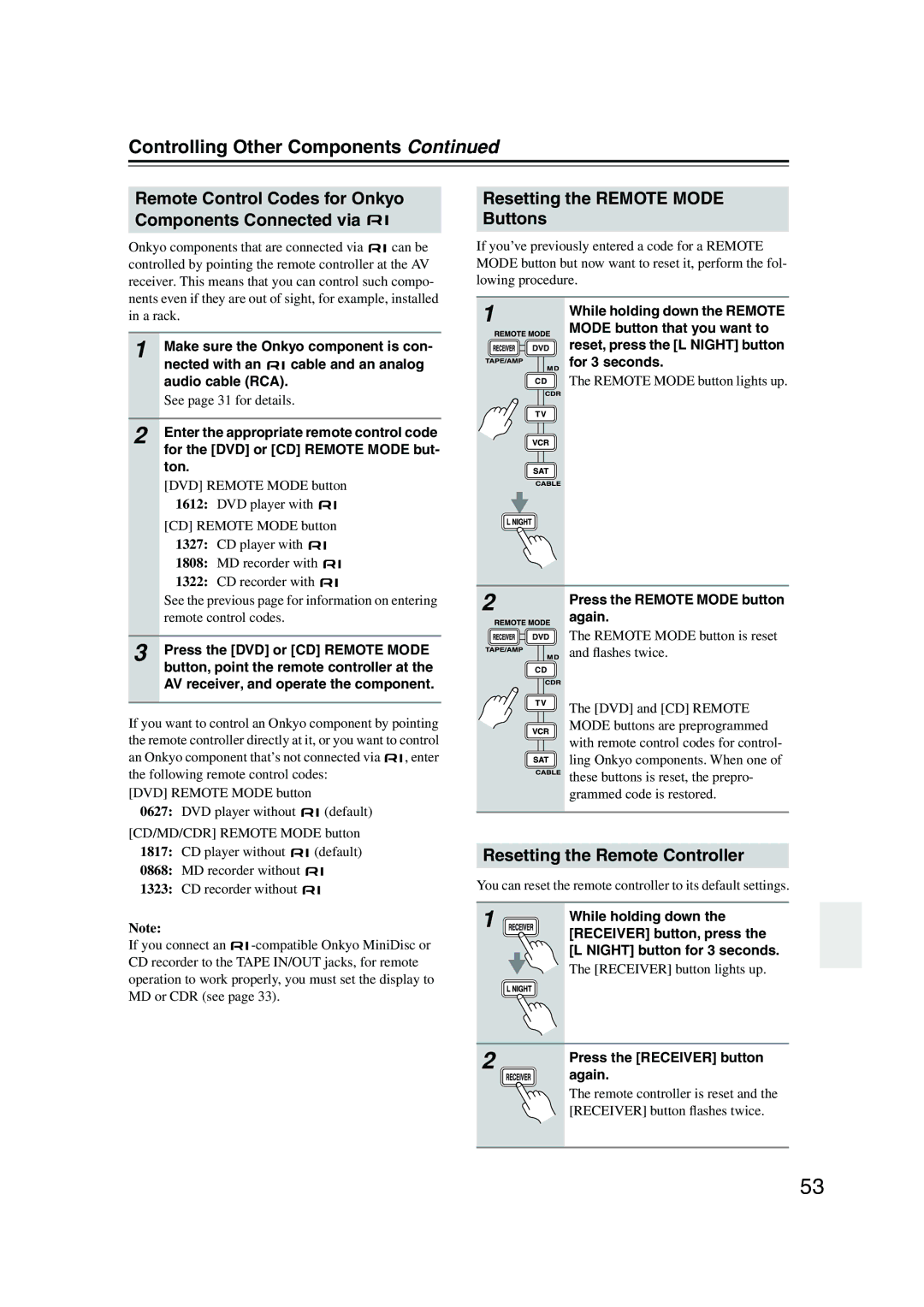 Onkyo HT-S780 instruction manual Controlling Other Components, Remote Control Codes for Onkyo Components Connected via 