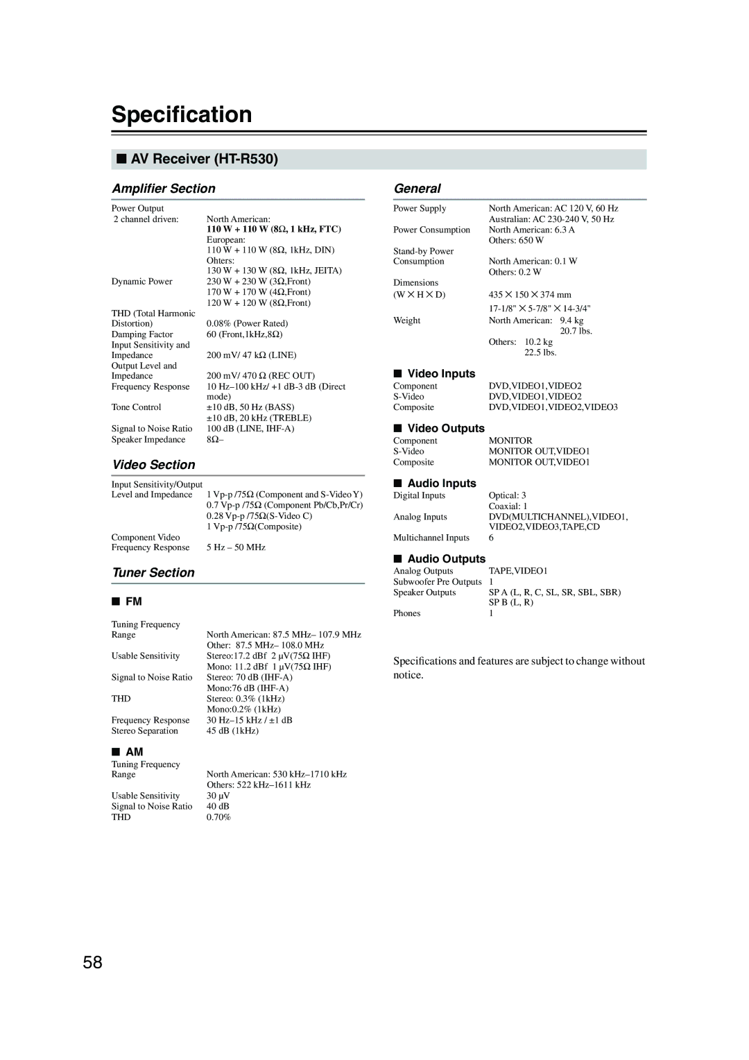 Onkyo HT-S780 instruction manual Speciﬁcation, AV Receiver HT-R530 