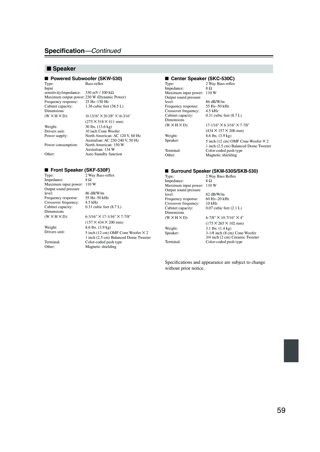 Onkyo HT-S780 instruction manual Speciﬁcation, Speaker 