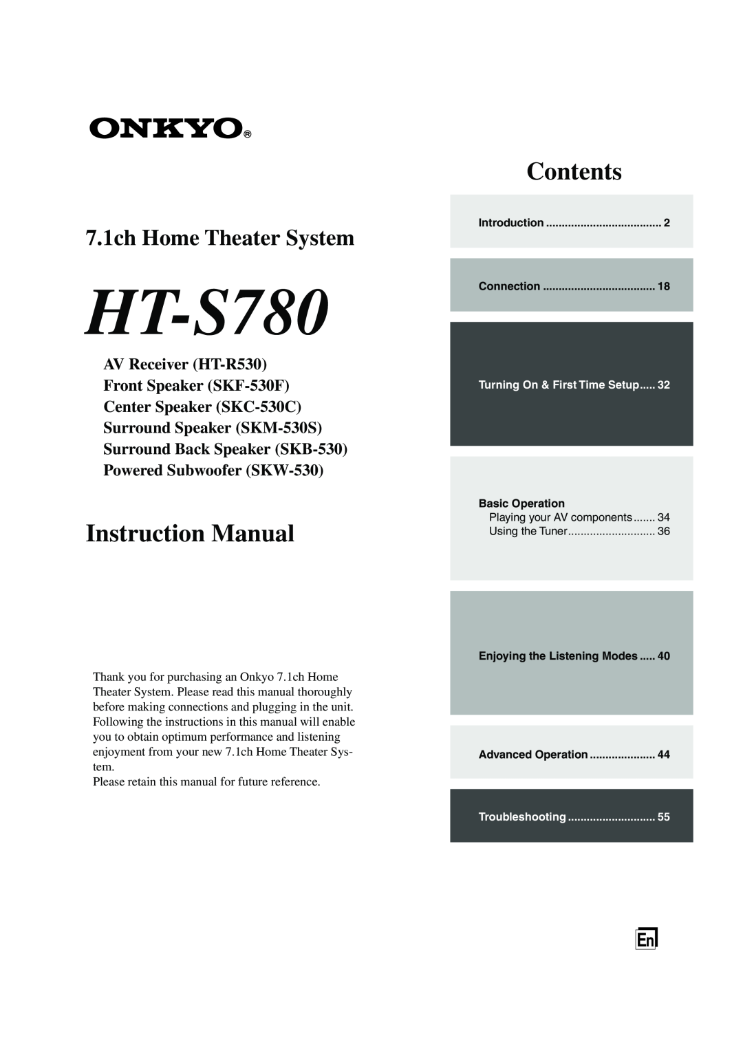 Onkyo HT-S780 instruction manual Instruction Manual, Contents, 7.1ch Home Theater System, Surround Back Speaker SKB-530 
