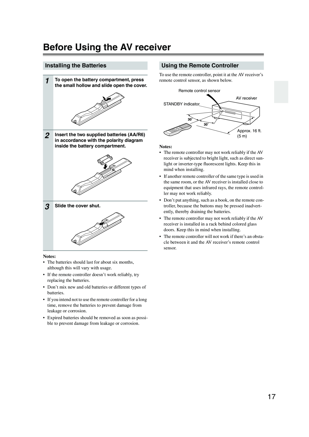 Onkyo HT-S780 instruction manual Before Using the AV receiver, Installing the Batteries, Using the Remote Controller, Notes 