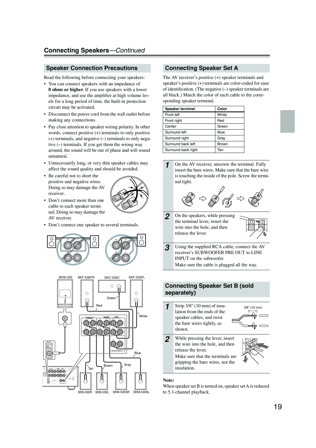 Onkyo HT-S780 instruction manual Connecting Speakers—Continued, Speaker Connection Precautions, Connecting Speaker Set A 