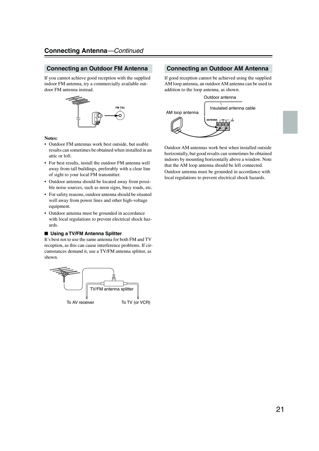 Onkyo HT-S780 Connecting Antenna—Continued, Connecting an Outdoor FM Antenna, Connecting an Outdoor AM Antenna, Notes 