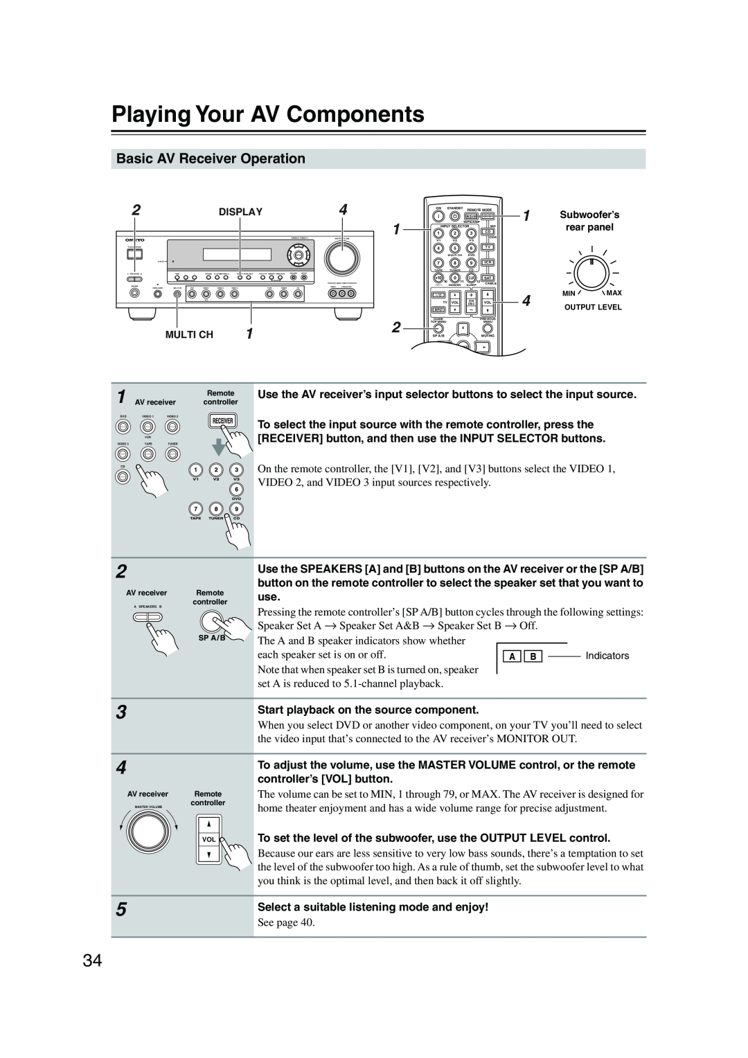 Onkyo HT-S780 instruction manual Playing Your AV Components, Basic AV Receiver Operation 