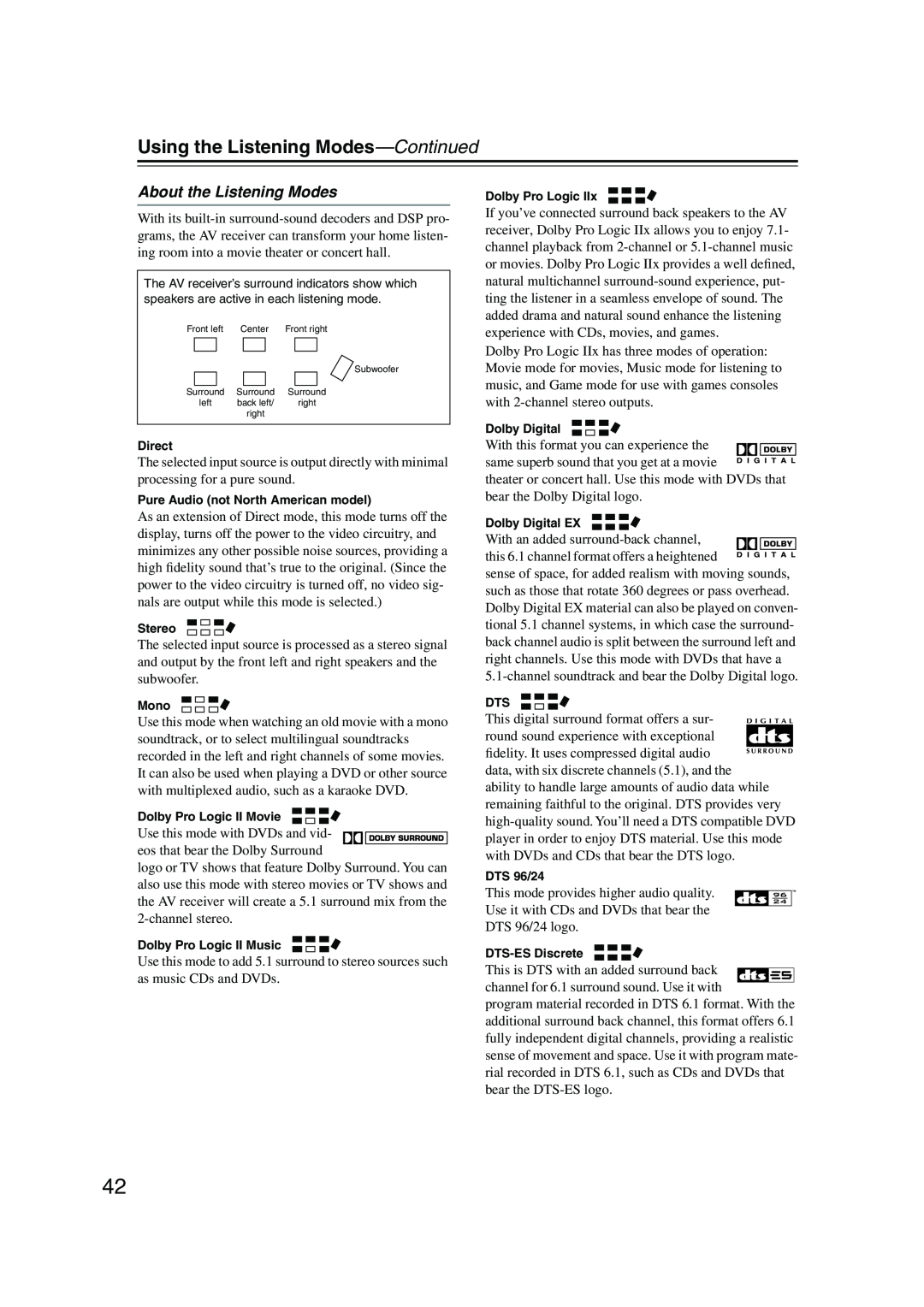 Onkyo HT-S780 instruction manual About the Listening Modes, Using the Listening Modes-Continued 