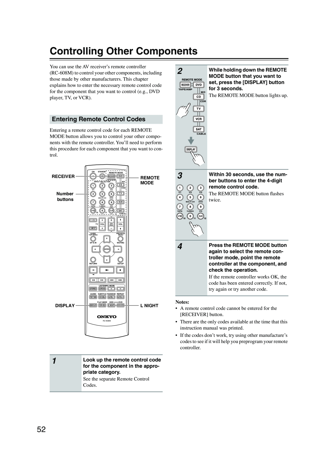 Onkyo HT-S780 instruction manual Controlling Other Components, Entering Remote Control Codes, Notes 