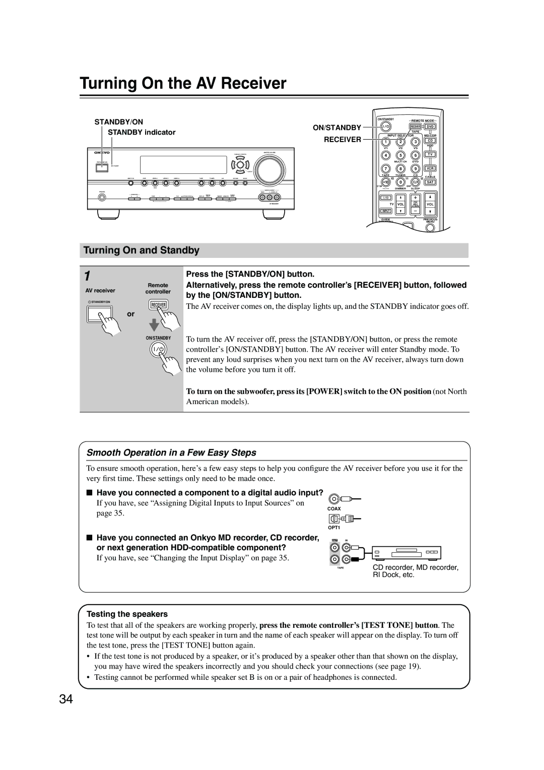 Onkyo HT-S990THX Turning On the AV Receiver, Turning On and Standby, Smooth Operation in a Few Easy Steps 