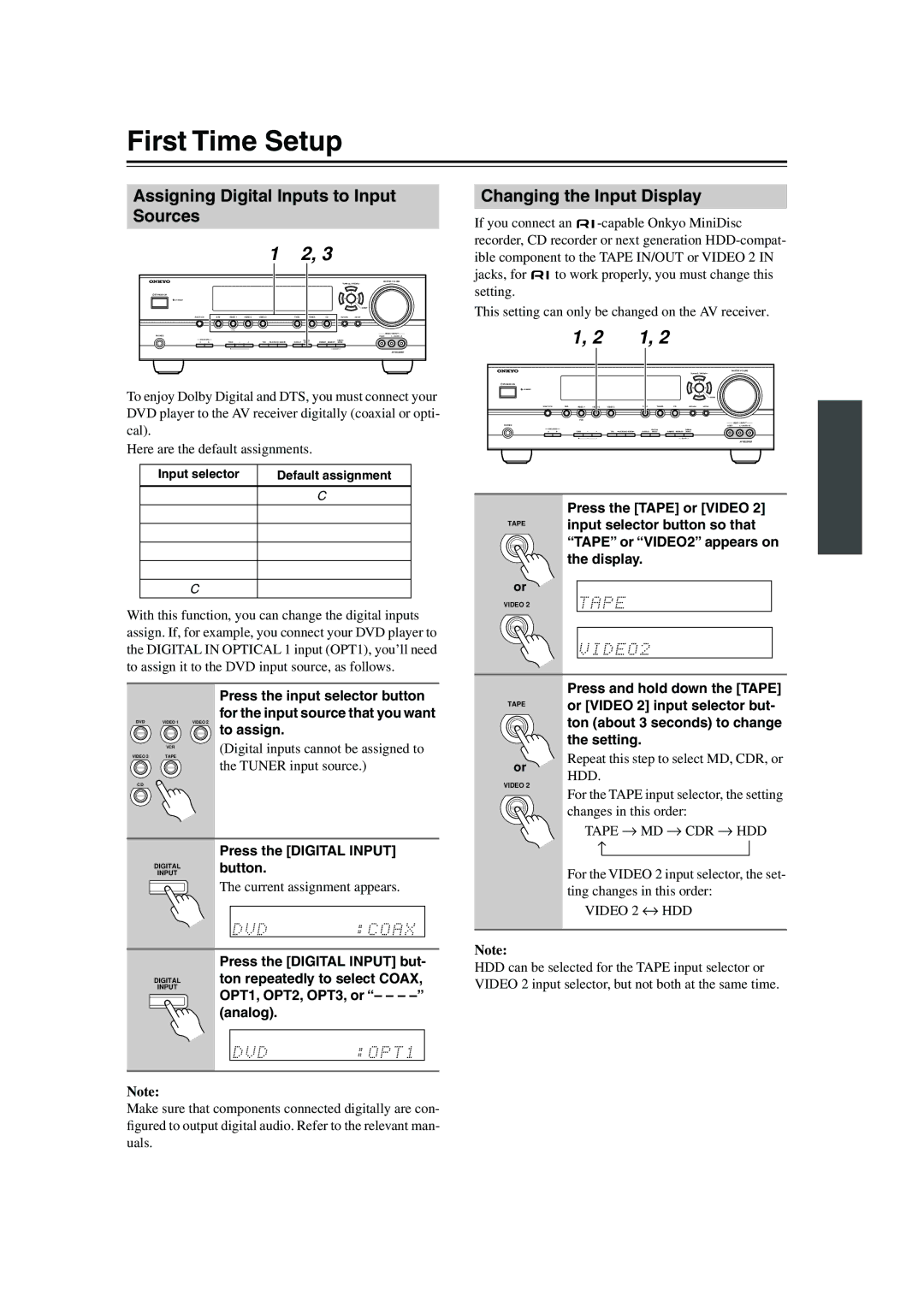 Onkyo HT-S990THX instruction manual First Time Setup, Assigning Digital Inputs to Input Sources, Changing the Input Display 