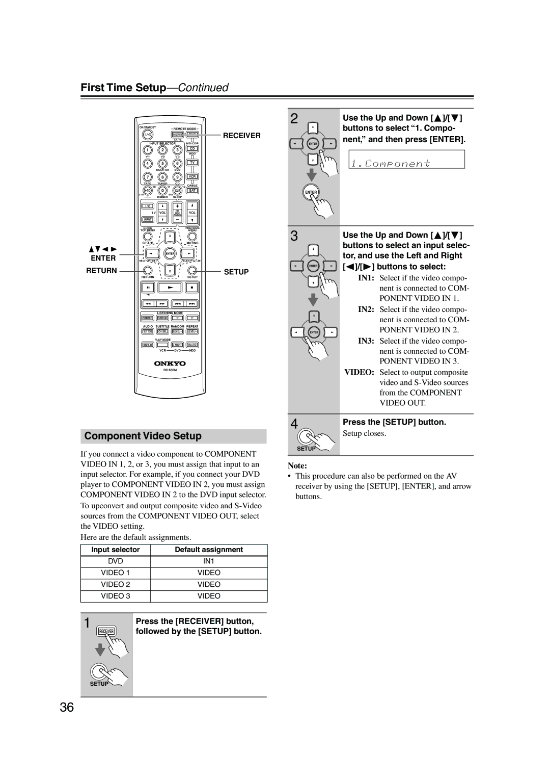 Onkyo HT-S990THX instruction manual First Time Setup, Component Video Setup 