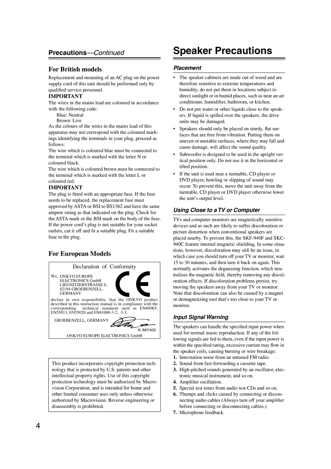 Onkyo HT-S990THX instruction manual Speaker Precautions, Placement, Using Close to a TV or Computer, Input Signal Warning 